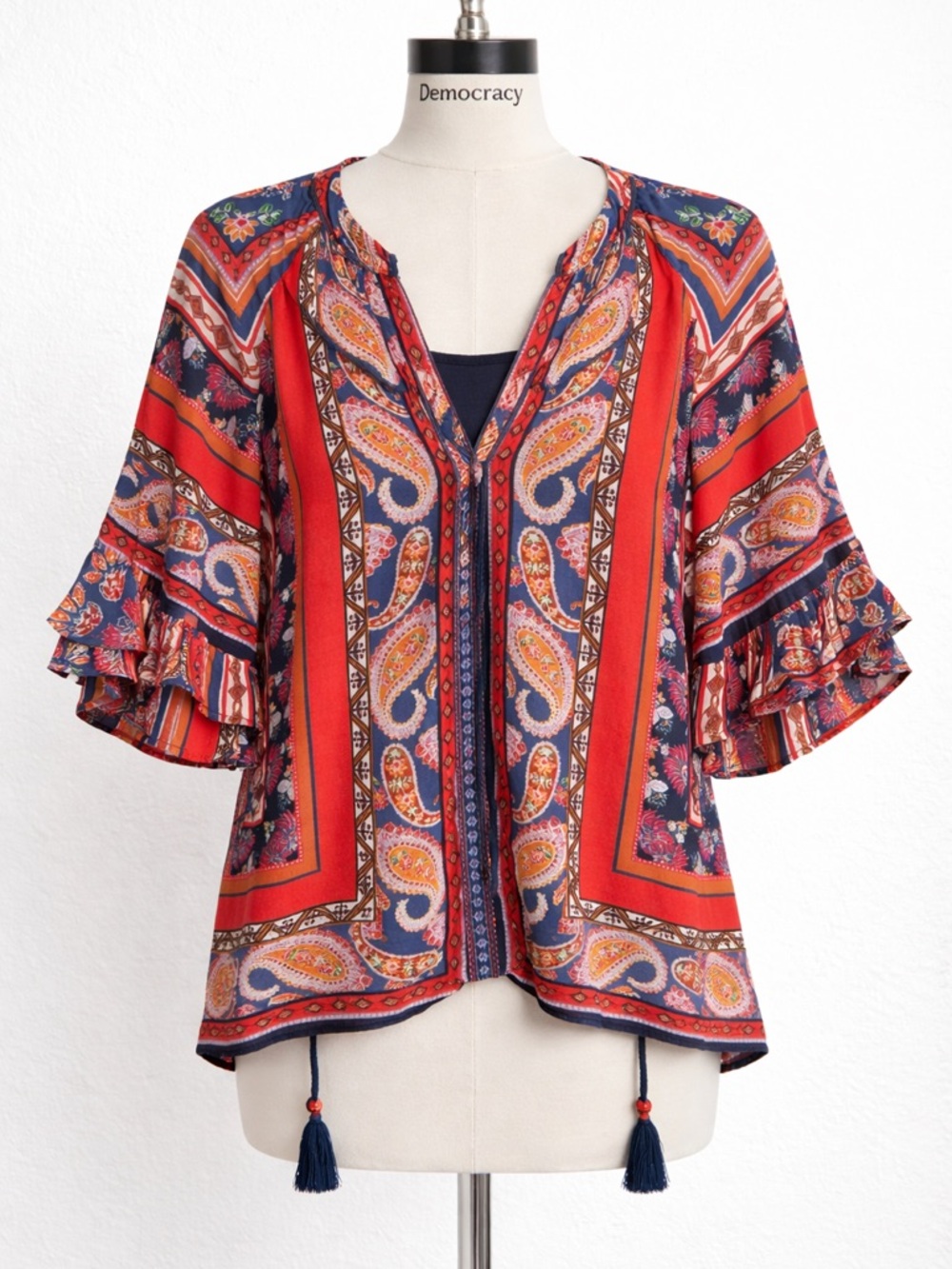 Democracy Bohemian Paisley Red & Navy Ruffle Sleeve Top Size L